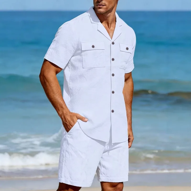

Men's Linen Two Piece Set Short Sleeve Cuban Collar Shirt And Knee Length Shorts Casual Beach Outfit