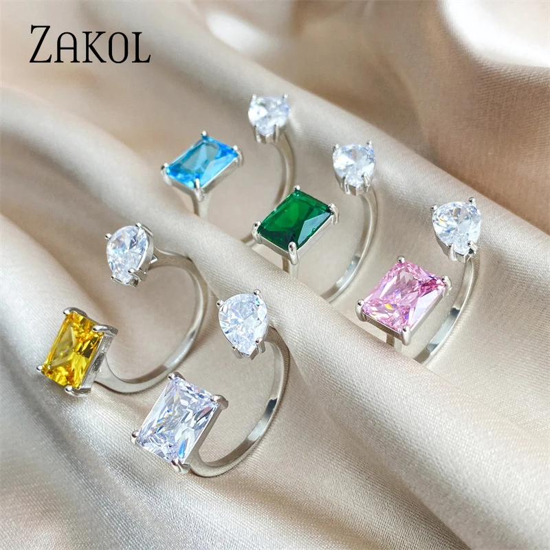 Women's Pink Square Water Drop Open Ring with Cubic Zirconia