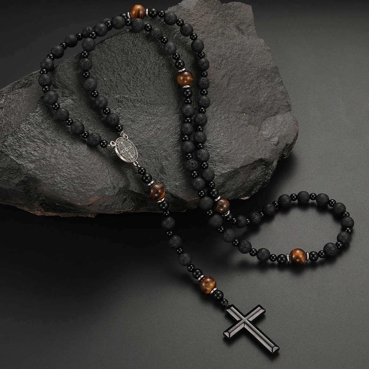 Fashion Cool Black Lava Stone Hematite Cross Pendant Necklace Rosary for Men and Women Handmade Jewelry Gift