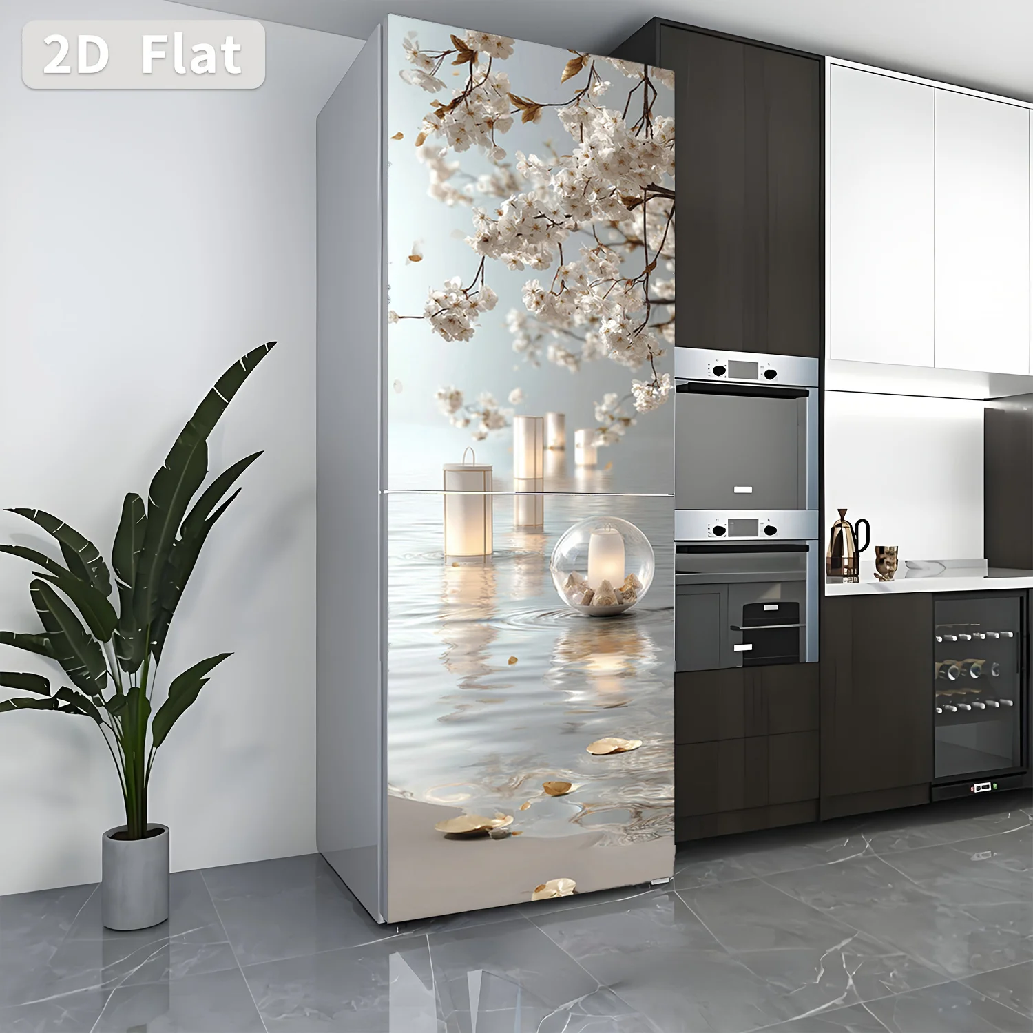 of  Printed Refrigerator Sticker, Measuring, Featuring a Cherry Blossom Water Scene Design. It'S a Self-Adhesive Wall Decorati