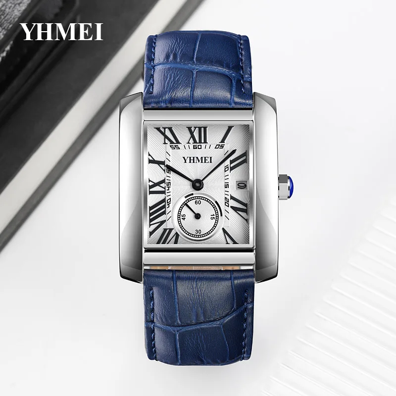 YHMEI Men Quartz Watch Rectangle Square Dial Genuine Leather Watches Male Luxury Brand Business Man Roman Numerals Wristwatch