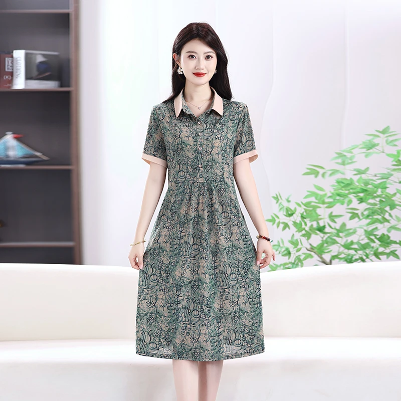 夏の女性の半袖ドレスミディアム丈スタイリッシュな中高年ママ痩身花柄スカート膝上