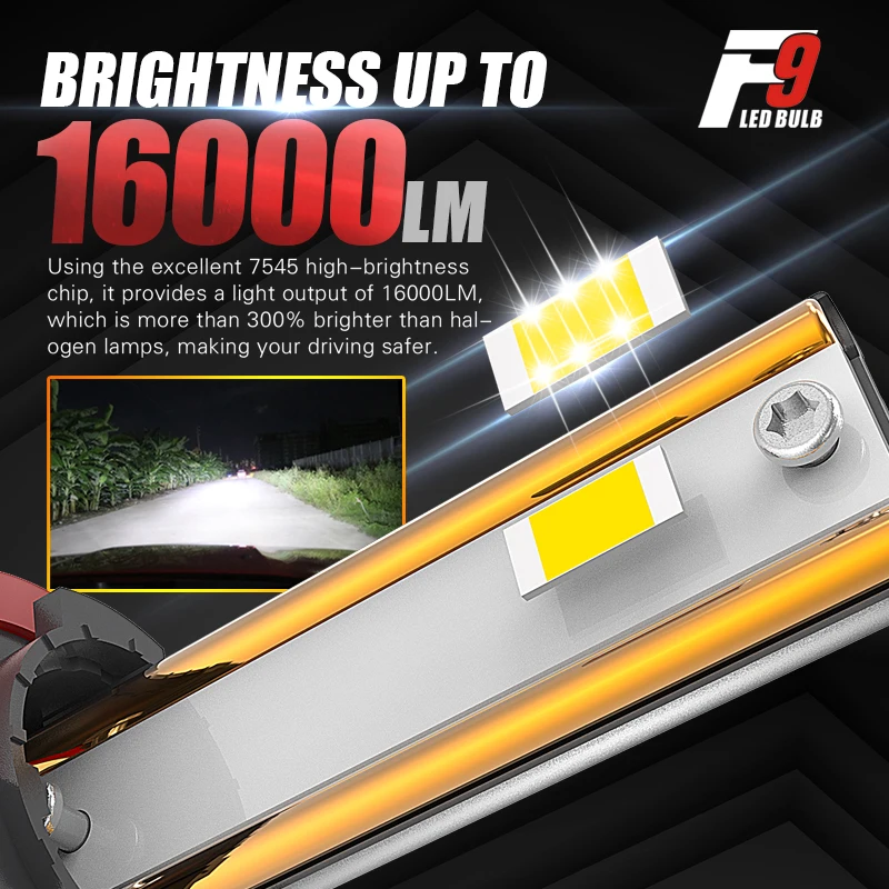 DAWNKNIGHT 고출력 터보 LED 램프, F9, 180W, H11, H4, Canbus, H7, H8, 9005, Hb3, Hb4, 6000K, 12V