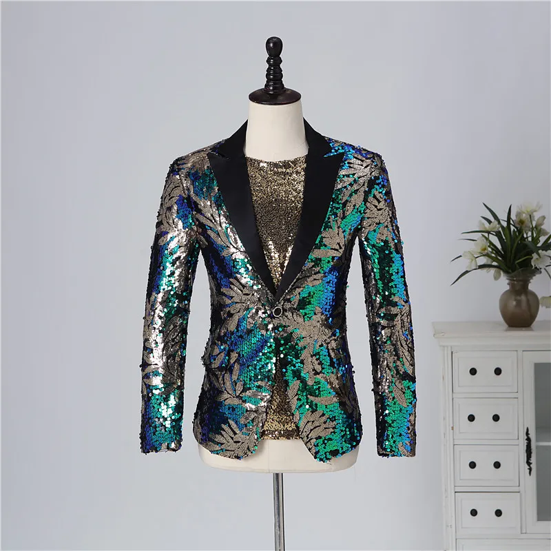 2024 Men's sequined green gold blazer, host, singer stage   blazer