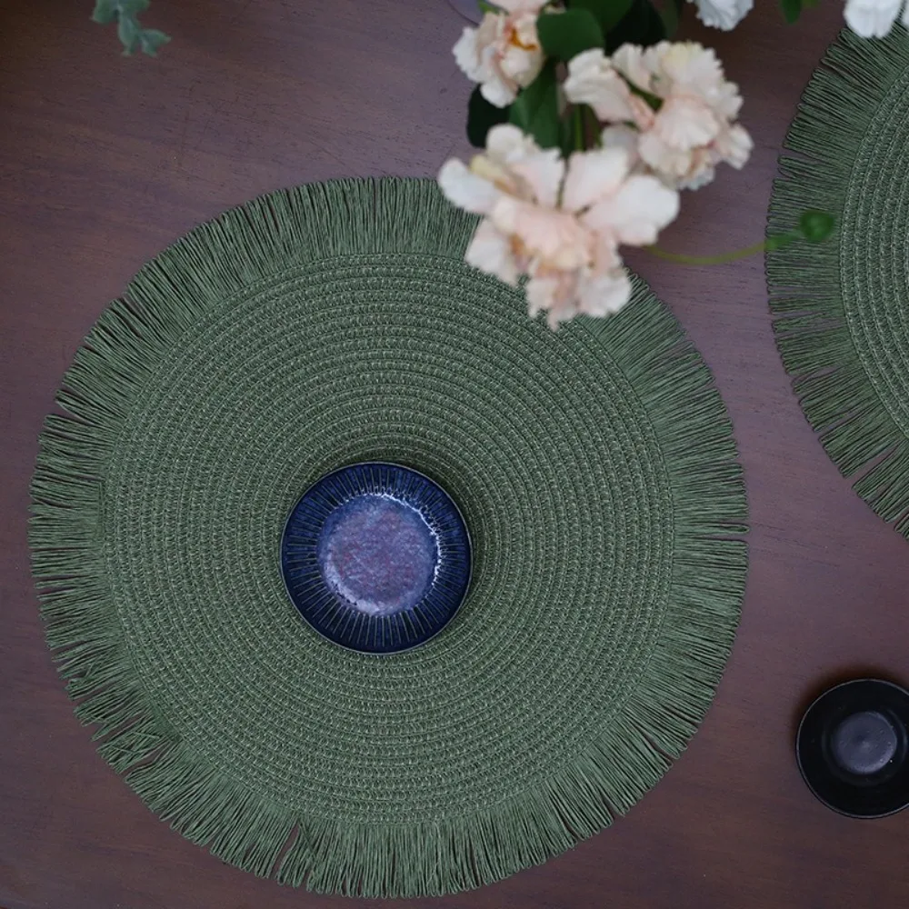 Japan Style Round Braided Placemats Hand Woven Non-slip Insulation Place Mats with Tassels Fringe Paper Table Mats