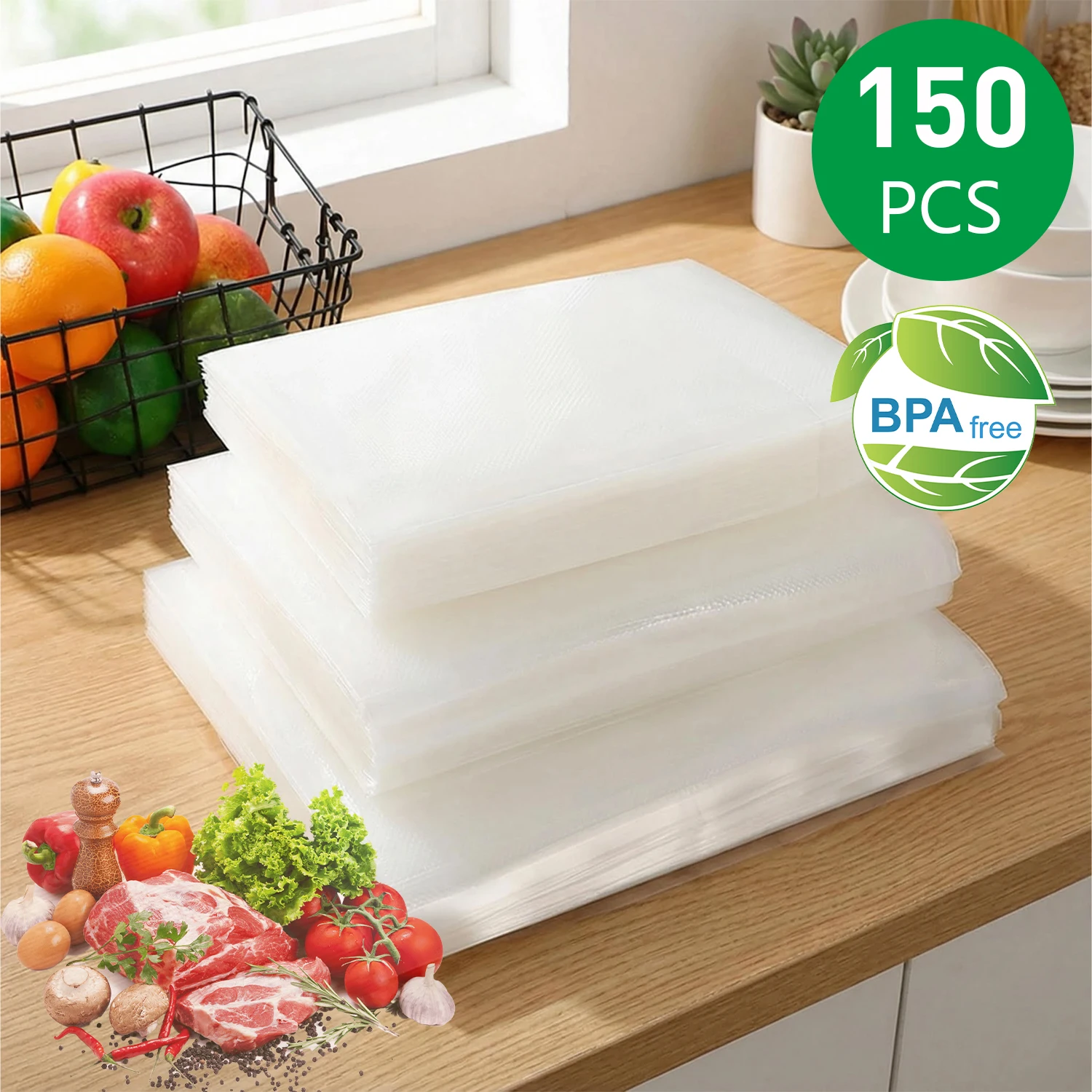 Bolsas selladoras al vacío para alimentos, 150 piezas (combinadas de 3 tamaños), sin BPA, almacenamiento de alimentos para congelador, preparación de comidas Sous Vide, conservación de alimentos