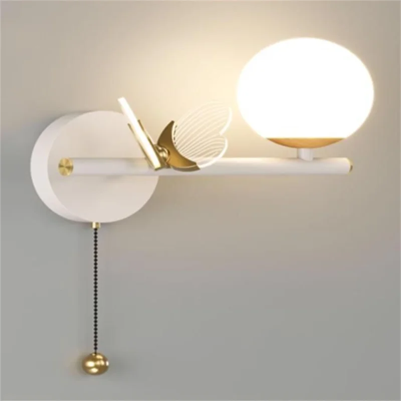 Luxury Bedroom Decoration Wall Lamp LED Metal Body Acrylic Lampshade Creative Butterfly Sconce Light Lustres With Chain Switches