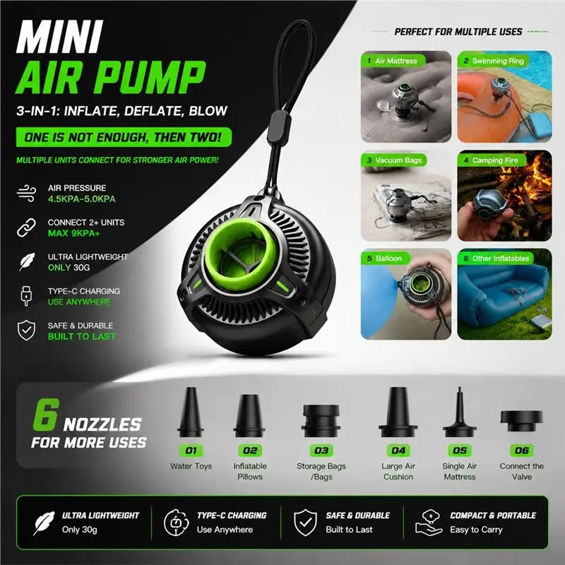ABKS-Electric Inflatable Mini Portable Air Pump For Camping Air Mattress Vacuum Storage Bag Inflate Deflate Functionality