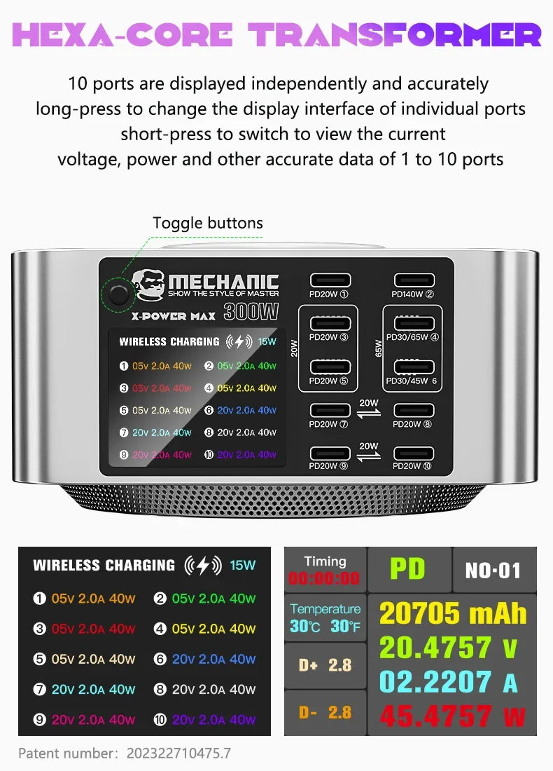 Imagem -04 - Carregador Mecânico-superfast Usb Tipo-c 300w 10 Portas Universal sem Fio pd qc 3.0 Estação de Carregamento Celular Adaptador de Energia