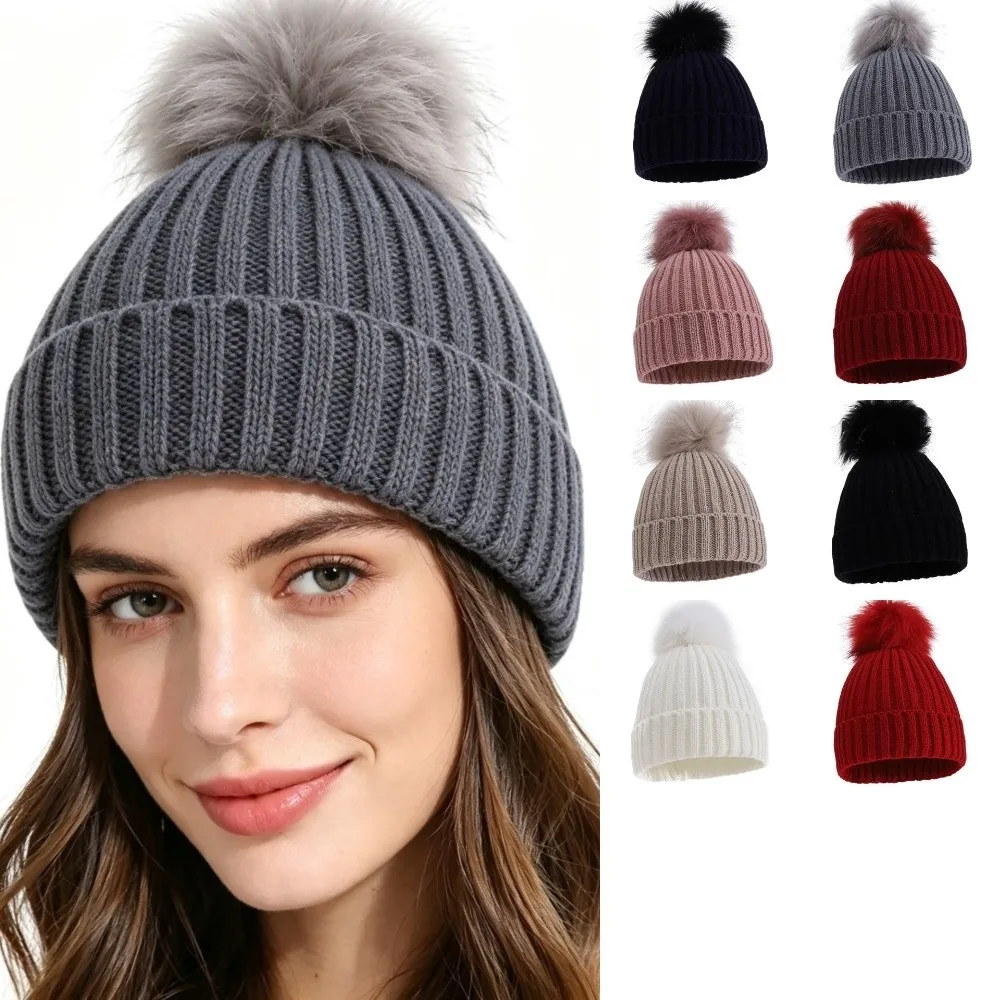 Solid Color Ribbed Knit Beanie Ribbed Knit Faux Fur Winter Beanie Hat Thick Warm Single Pom Pom Faux Fur Pom Beanie Cold Weather