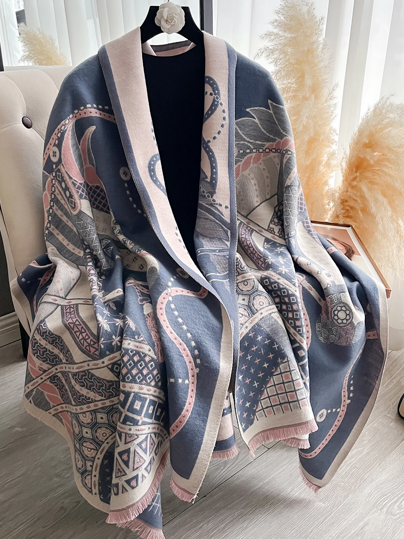 Eleganter Pashmina-Schal mit Pferdemuster für Damen, luxuriöser Kaschmir-Schal, dick, warm, Herbst- und Winterdecke, Stola, langes Design – Detail 5