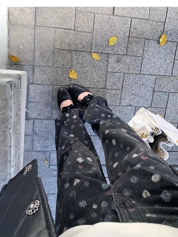 

Casual Dark Pattern Printed Faded Denim Jeans Women's Straight Leg Slimming Long Trousers Autumn Winter New Style Korean Design