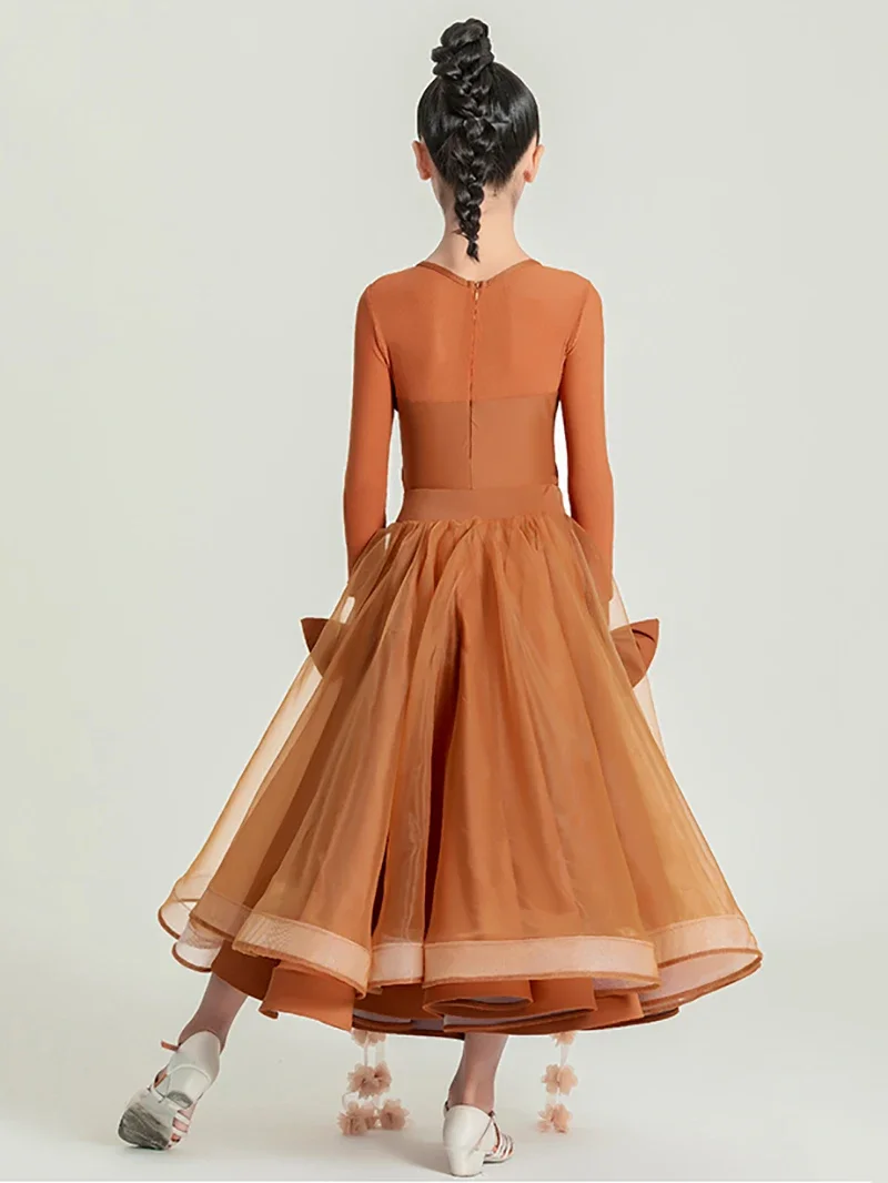 Kids Girls Modern Dress Mesh Waltz Social Dance Lace Long Sleeve Bodysuit and Mesh Large Skirt Dancewear Ballroom Costumes