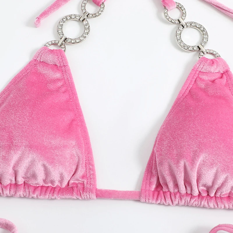 Conjunto de biquíni de veludo rosa para mulheres, biquínis triângulo, maiô sexy Halter, banho micro tanga, maiô brasileiro