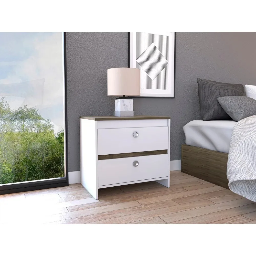 

Bedroom Nightstand , End Table, Side Table Superior Top, Two Drawers -White / Dark Brown Nightstands Bedroom Furniture