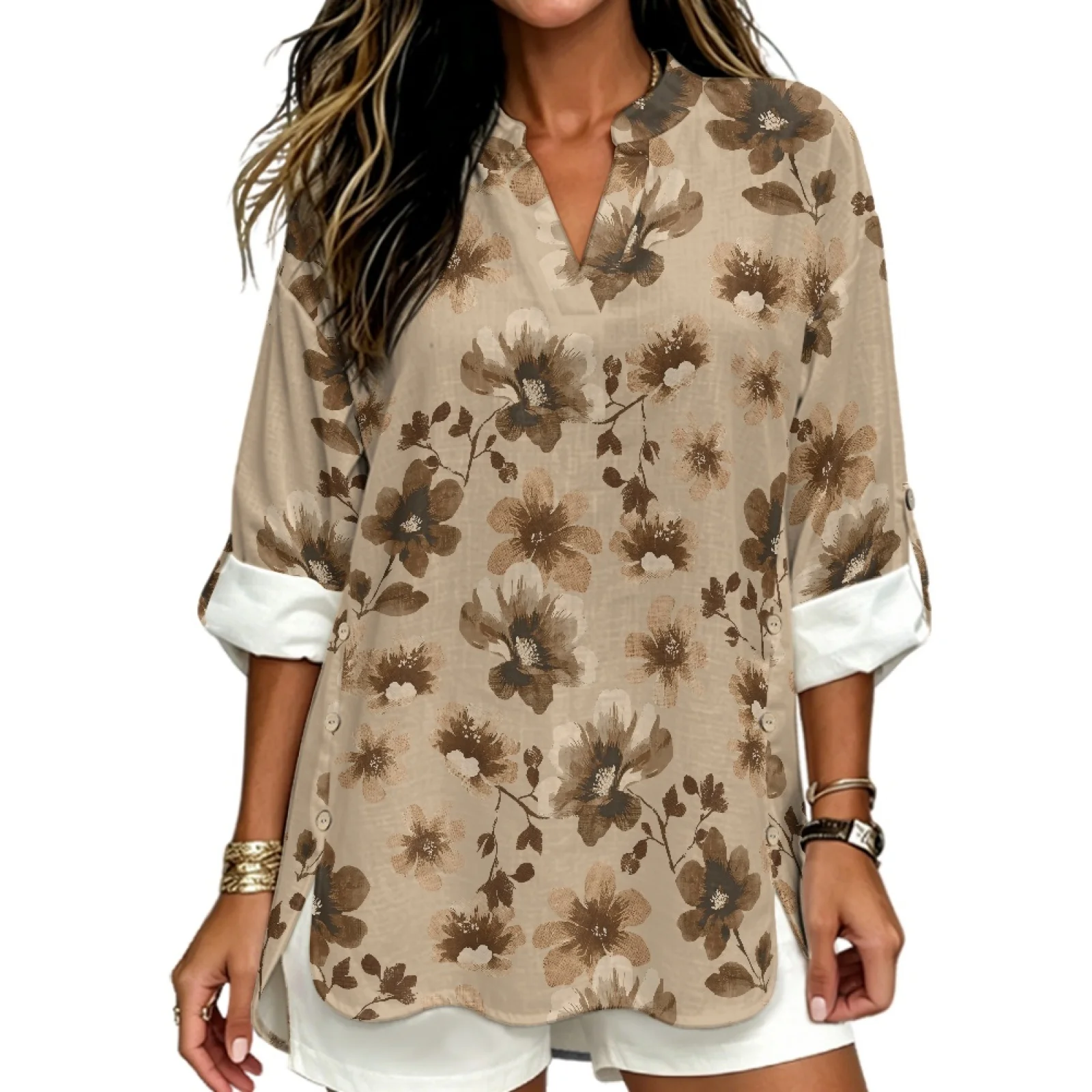 PENSTROLL Brown Floral Print Side Slit Long Sleeve Ladies Tops for Women Linen Like Tunic Tops V Neck Long Sleeve Blouses
