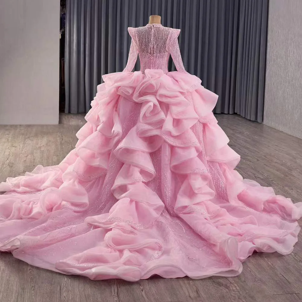 Vestidos de Noche de encaje de lujo 2025, vestidos largos rosas de manga larga con cuentas de cristal y cordones en la espalda con botones para ocasiones especiales