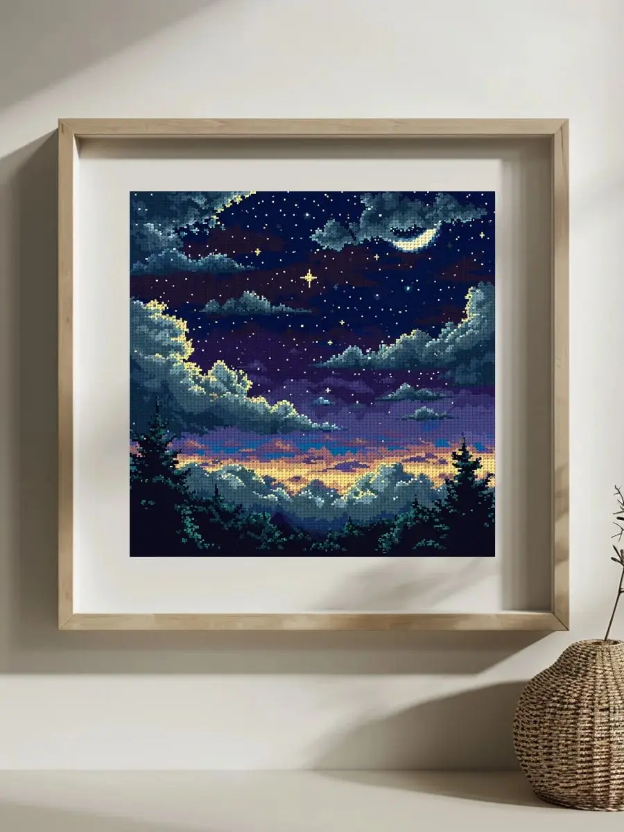 1 Stück 30x30 cm/11,8 Zoll Kreuzstich-Set mit Motiv „Nacht und Mond“, DIY-Set 11CT/14CT, DIY-Stickset, DIY-Kreuzstich-Set – Detail 1