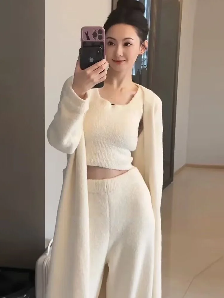 Elegant Cloudy Fairy Sleepwear Thickened Outwear Three-Piece Set Long Pants Vest Milk White Ideal for Autumn Winter Luxury Style