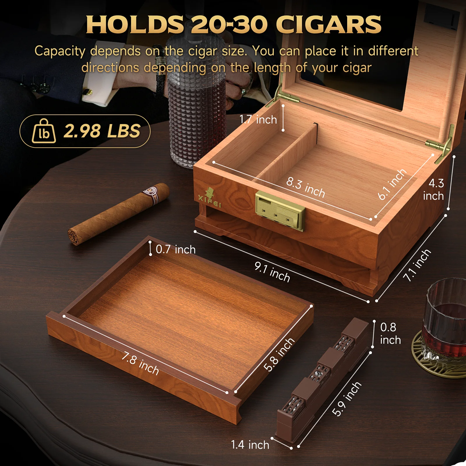 Cigar Humidor Box,Cedar Wood Desktop Cigar Case with Digital Hygrometer,Humidifier,Divider,Accessories Drawer & Combination Lock