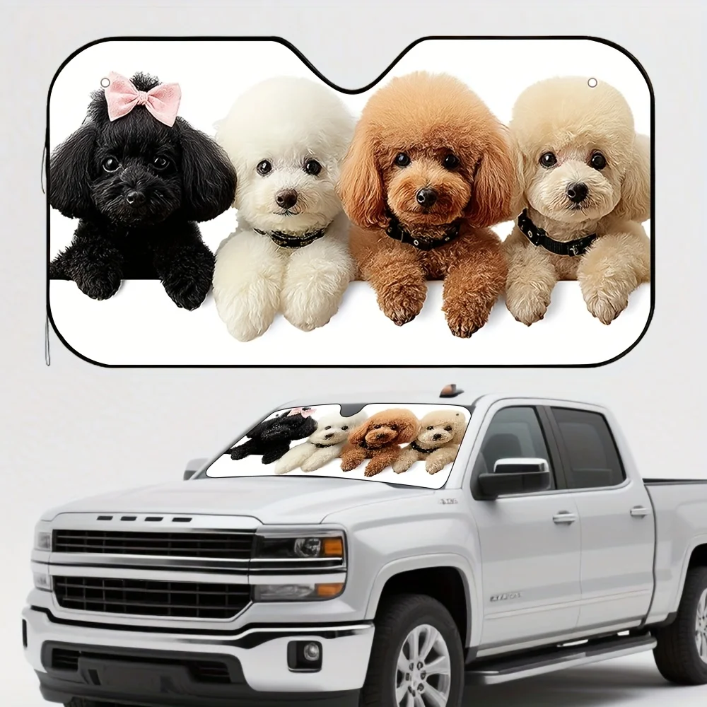 

A two-dimensional flat sunshade featuring a pattern of four poodles standing side by side—a stylish print that keeps you cool.