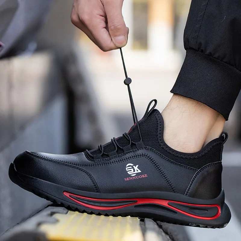men's fashion steel toe caps work shoes black original leather worker safety shoe tooling security low boots protective footwear