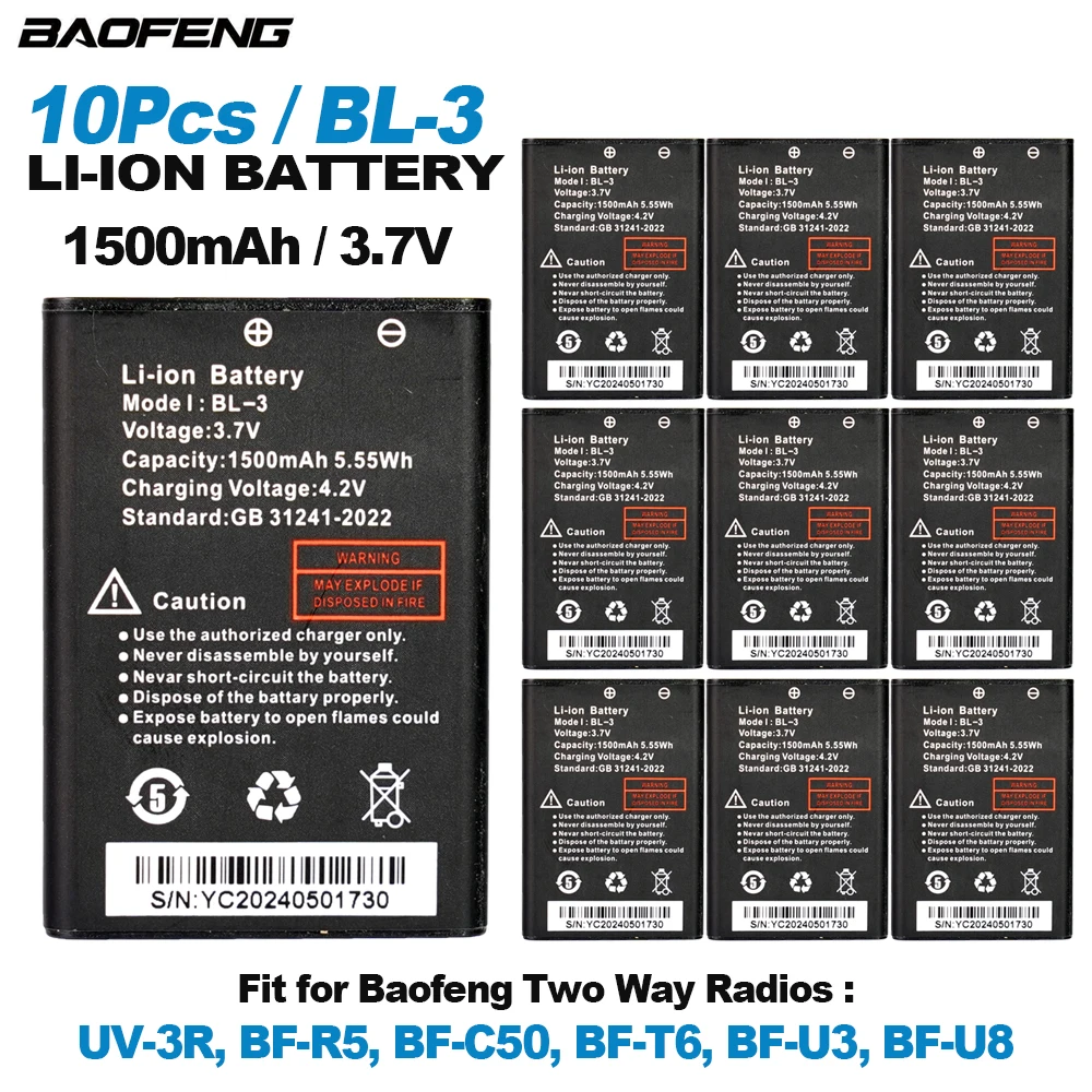 Baofeng-batería de iones de litio para walkie-talkie, piezas de 10 BL-3, 1500mAh, 3,7 V, para UV-3R/C50/T6/U3/U8, Radios bidireccionales, batería adicional