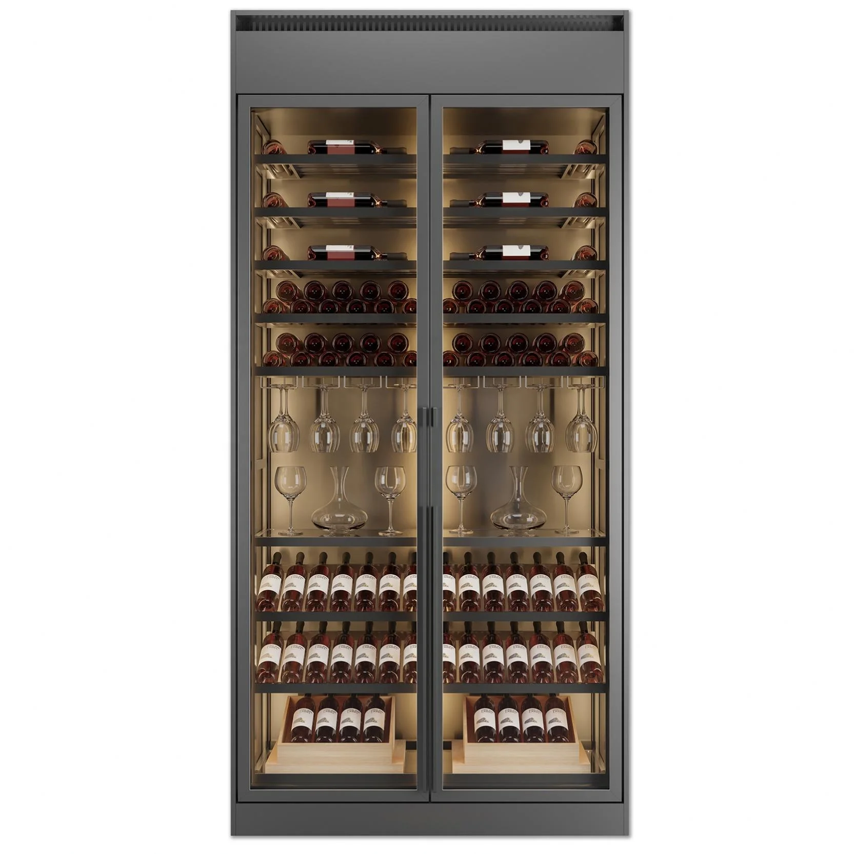 Custom wine display cooler with built-in glass door design for home bars, wine cellars, and commercial use