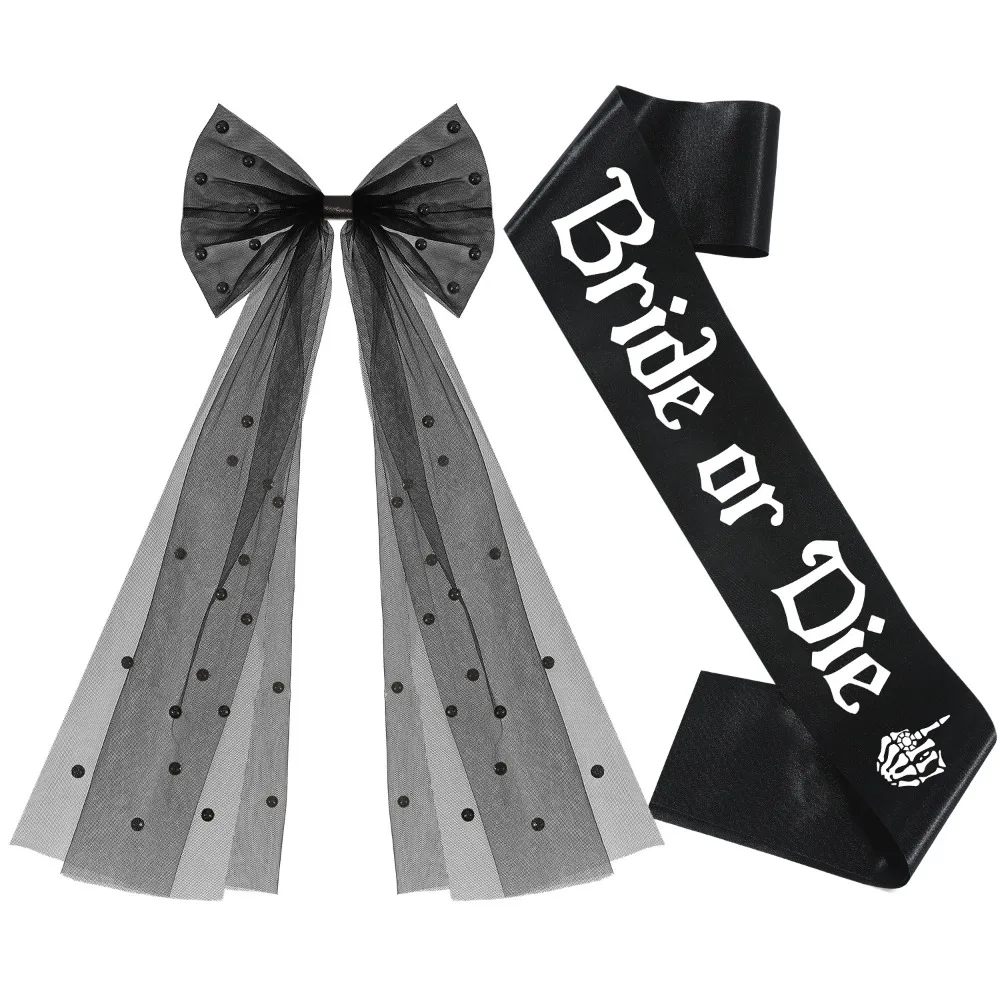 3 قطعة اكسسوارات العازبة السوداء القوطية العروس لتكون عروس أو يموت وشاح الحجاب تاج مجموعة ليلة الدجاجة حفل زفاف زينة