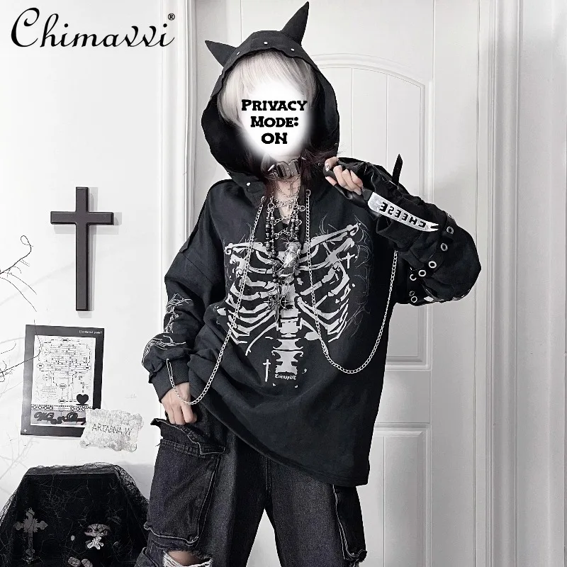 

Original Japanese Punk Ribbed Subculture Loose Hooded Sweatshirt Dark Cool Girl Chain Tie-Dye Long Sleeve Hoodies Top Women