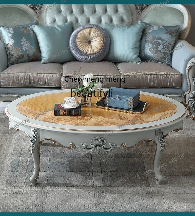 

ss7304 French Furniture European Style Handmade Carved 1.5 M Solid Wood Oval Tea Table Living Room Corner Table