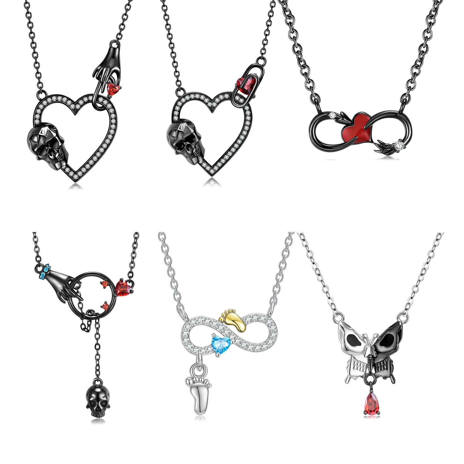 Jiuhao Love Family Forever Chain Necklace for Women Clear 925 Sterling Silver Fashion Heart Skull Footprints Jewlery Necklaces