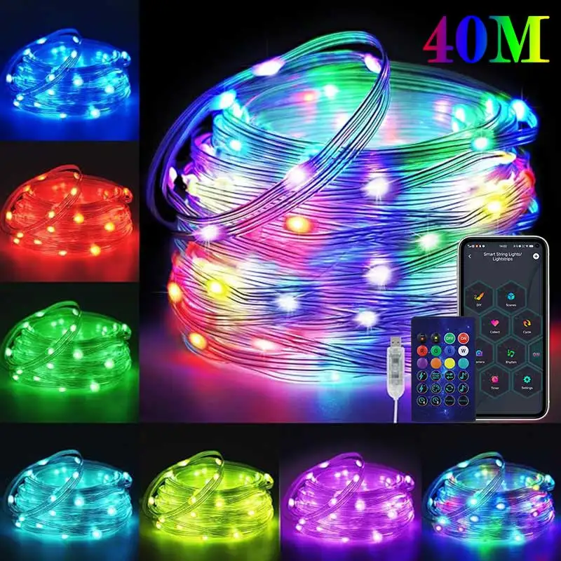 RGBIC LED String 40M WS2812B Bluetooth USB Music Dream Color Light 5V Christmas Birthday Party Garland Decor Fairy Lights Home