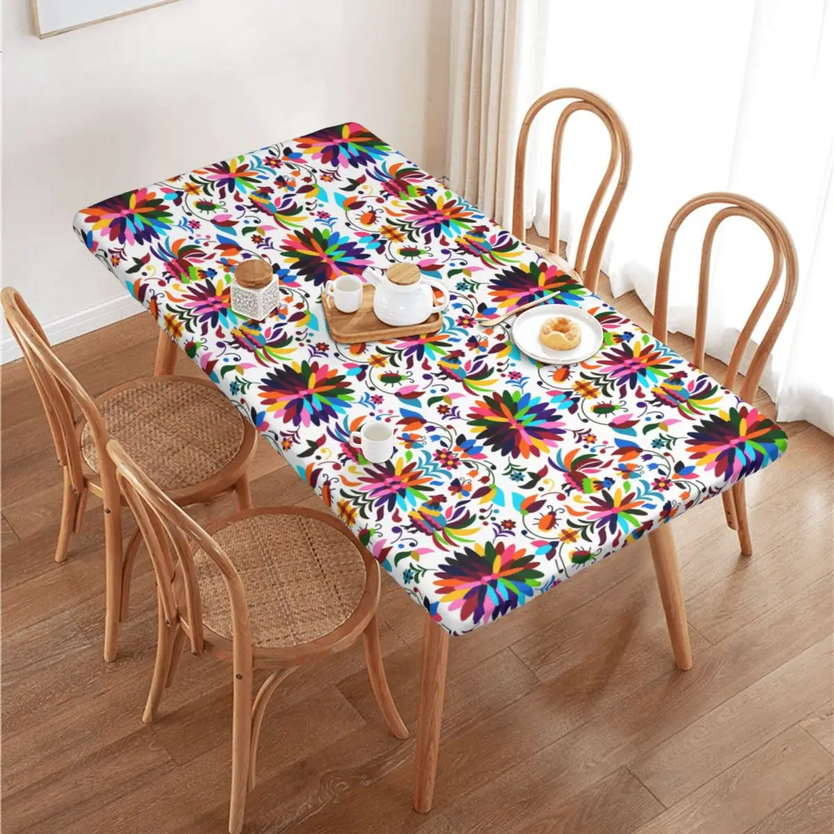 Custom Rectangular Waterproof Oil-Proof Mexican Otomi Birds Floral Embroidery Tablecloth Table  4FT Fit Folk Flowers Art Table