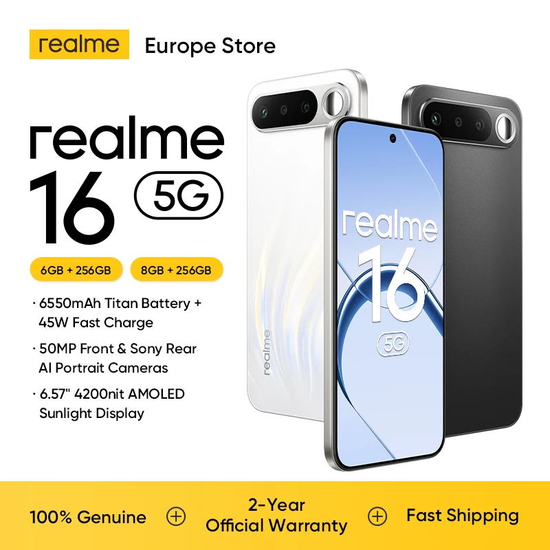 realme 16 5G, Carga Rápida de 45 W, Pantalla Plana AMOLED, 50MP, 6550mAh, Carga Rápida, IP69