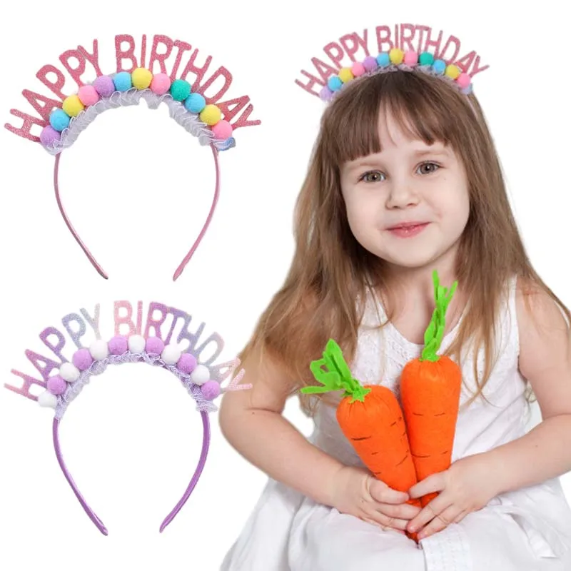 

ncmama Happy Birthday Headband Sweet Girls Birthday Hair Hoop Princess Crown Hairband Fur Ball Hair Band Girl Hair Accessories