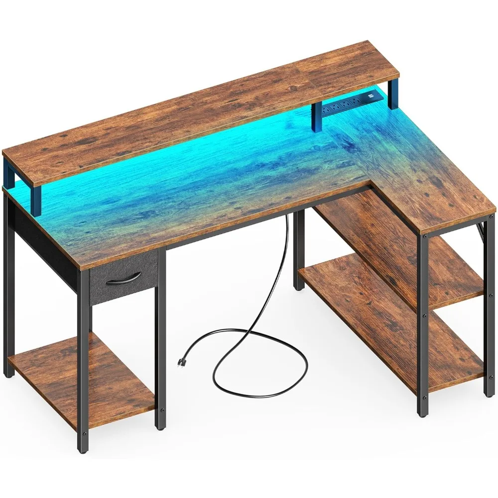 Reversível L Shaped Desk, Mesa do Computador com Prateleiras, Suporte do Monitor, Gaming D, Luzes LED, Tomadas de Energia, 47 pol