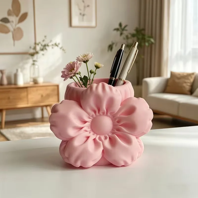 Pink 3D Flower Pen Holder Resin Makeup Brush Storage Vase Cute Floral Desk Organizer Bedroom Office Table Decor Gift 3D print