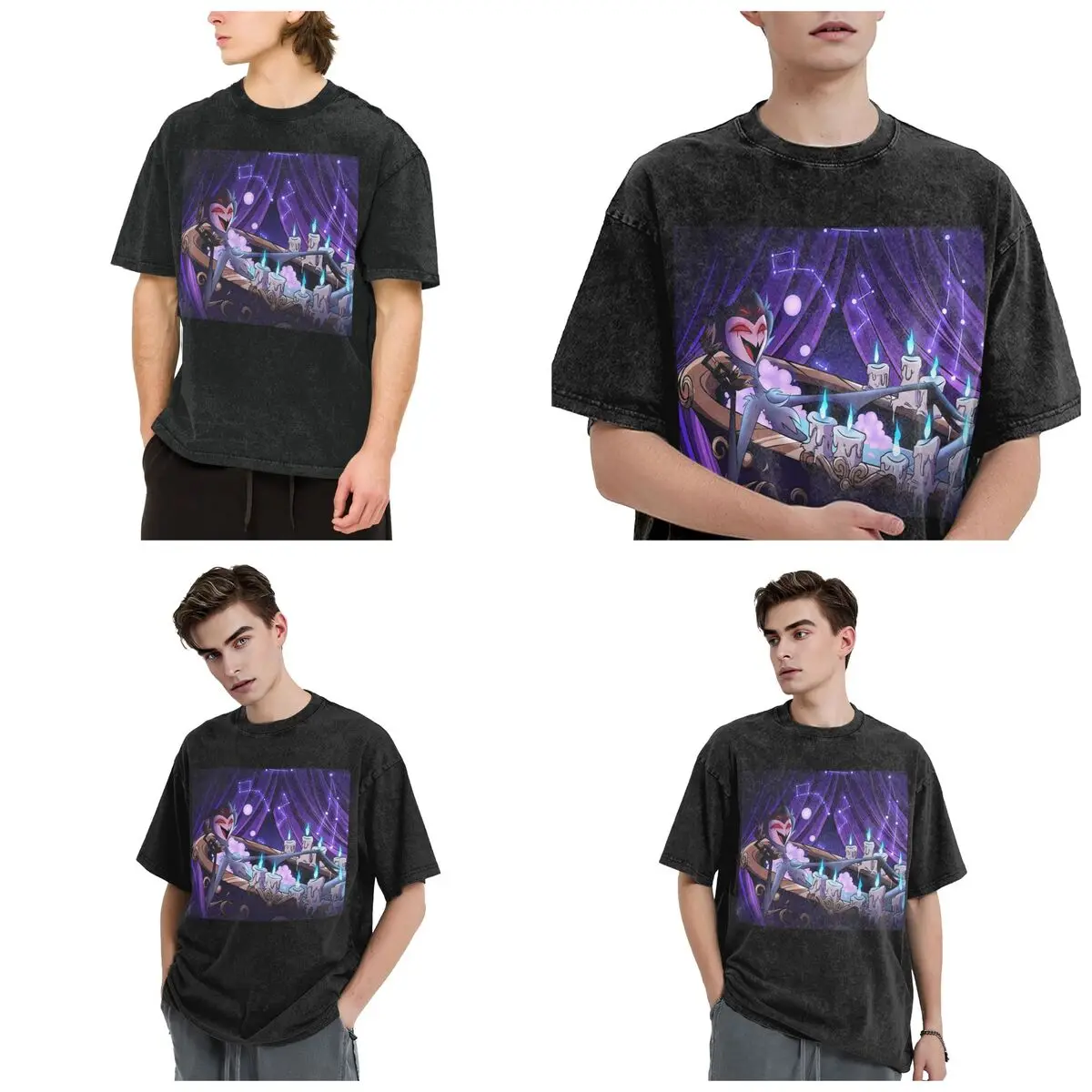 Streetwear T-Shirts Loona Collage Helluva Boss Anime Washed T Shirt Short Sleeve Hip Hop T-Shirt Tops Tees for Men Women