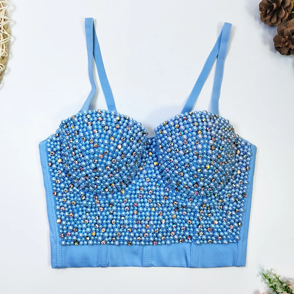 Pearl Beaded Sling Vest Inner Fishbone Shaped Tube Top AB Colored Diamond Clubwear One-pieces Push Up Bras for Women Underwear