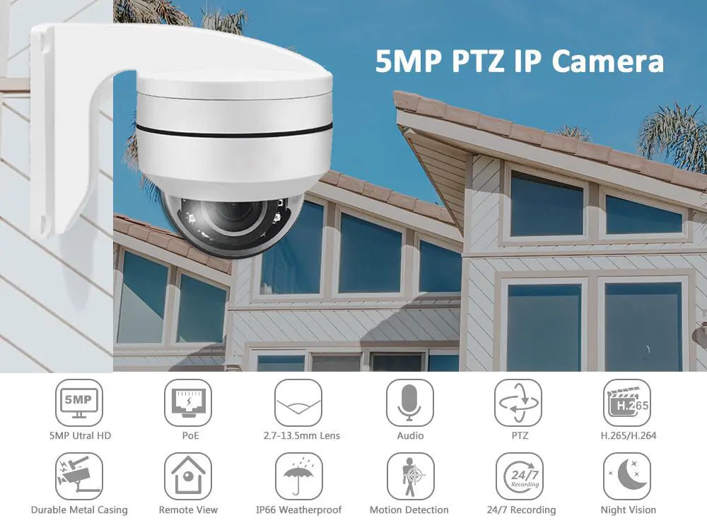 Outdoor PTZ Dome IP Camera POE 5MP 5X Optical Zoom Motion Detection Night Vision With Bracket Security P2P Hikvision Compatible