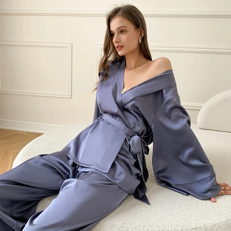 2022 New Pajamas Women's Spring Summer Long Sleeve French Ice Silk Satin Chiffon Home Clothes Thin Suit 2702