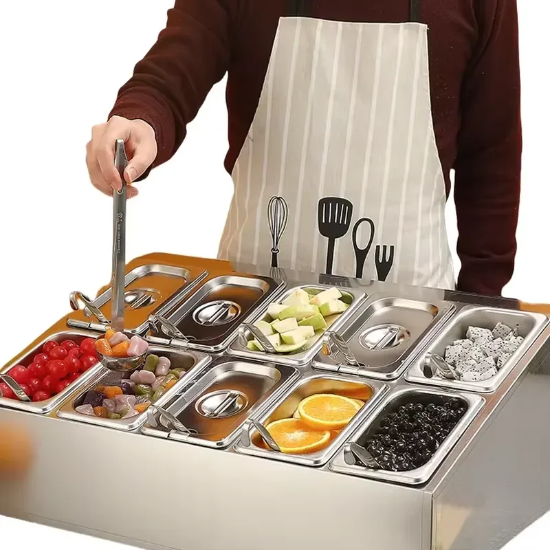 for 2-Tier Adjustable Stainless Steel Meal Container Set Flat Bottom Pan Seasoning Rack Self-Service Metal Storage Rack Food