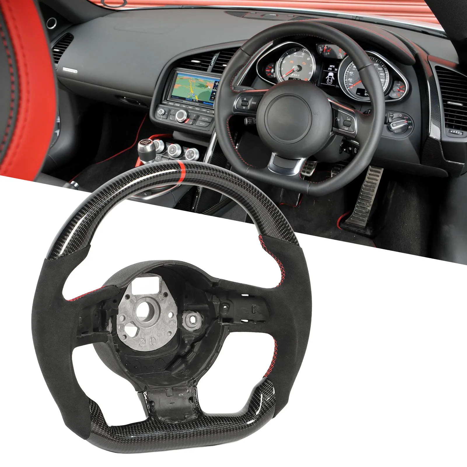 Custom Carbon Fiber Steering Wheel Suede Red Stitching Fit For Audi TT TTRS 8J MK2 R8 MK1 2007 to 2015