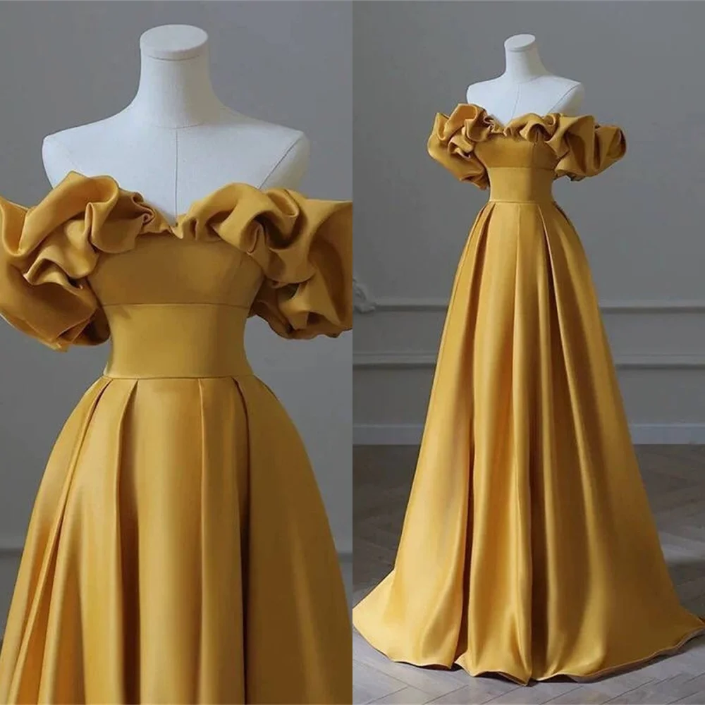 Customized Delicate Yellow Satin Evening Dress Temperament Boat Neck Off the Shoulder Sleeveless Lace Up Back Homecoming Dress