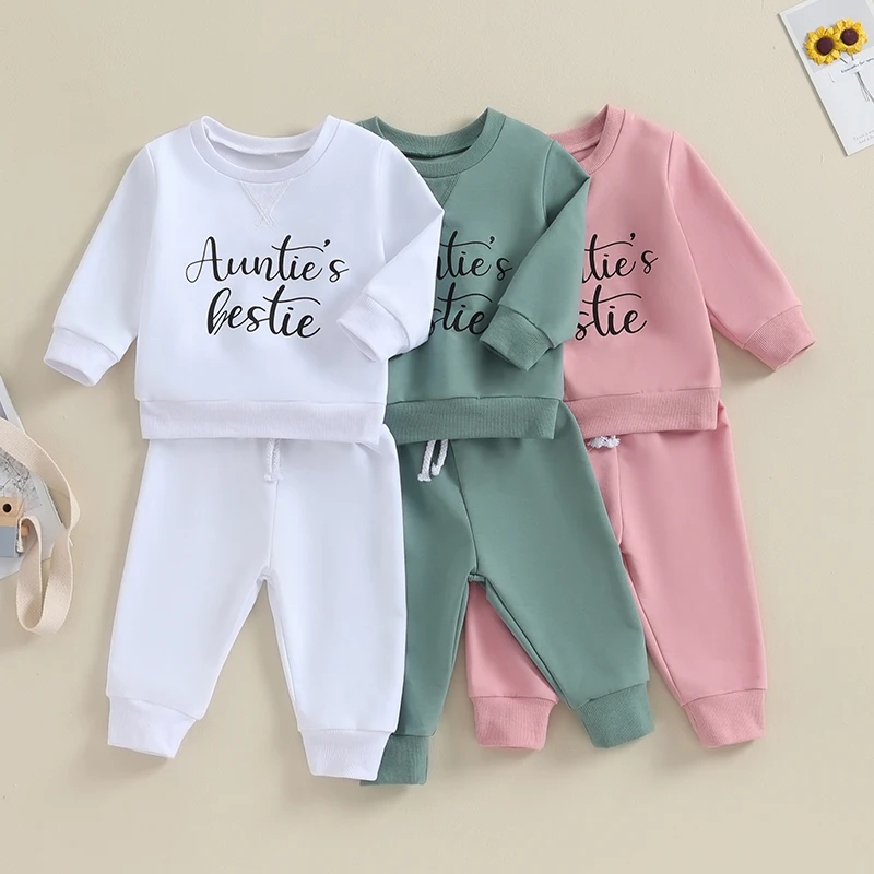 Toddler Baby Girls 2PCS Outfits Auntie's Bestie Letters Sweatshirt Tops Solid Color Pants Set Fall Winter Clothes