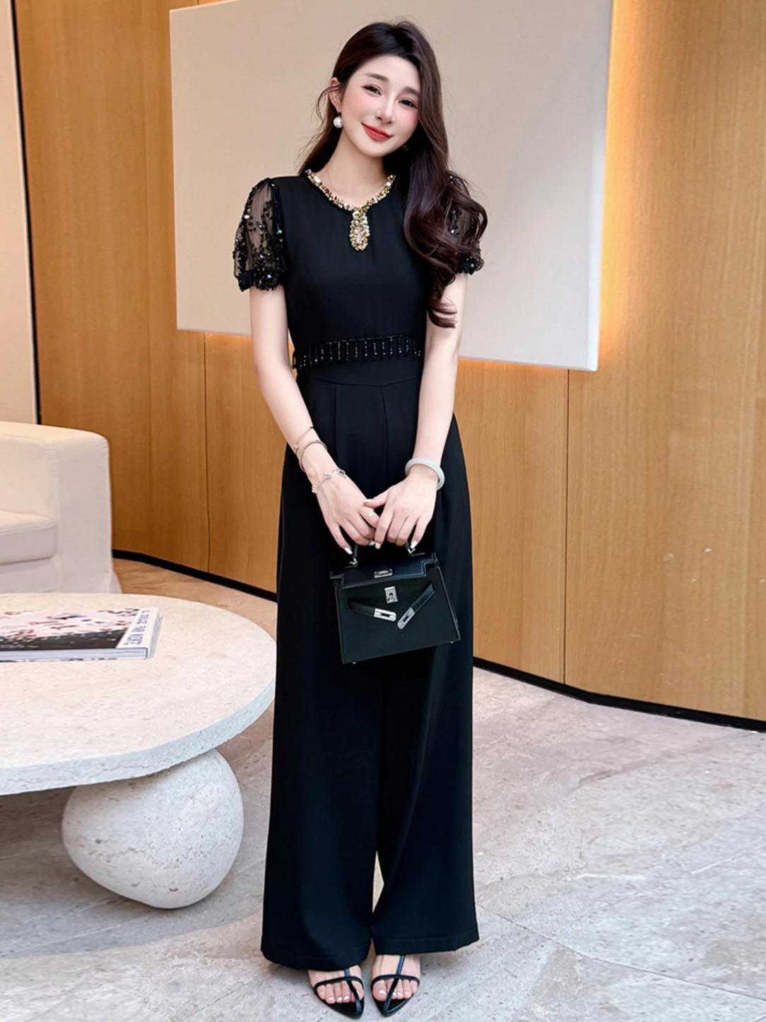 

Цельный брючный костюм Ele с бисером для женщин, летний, с высокой талией и широкими штанинами, роскошная чувственная модель для поездок на работу, тонкая модель из полиэфирного волокна