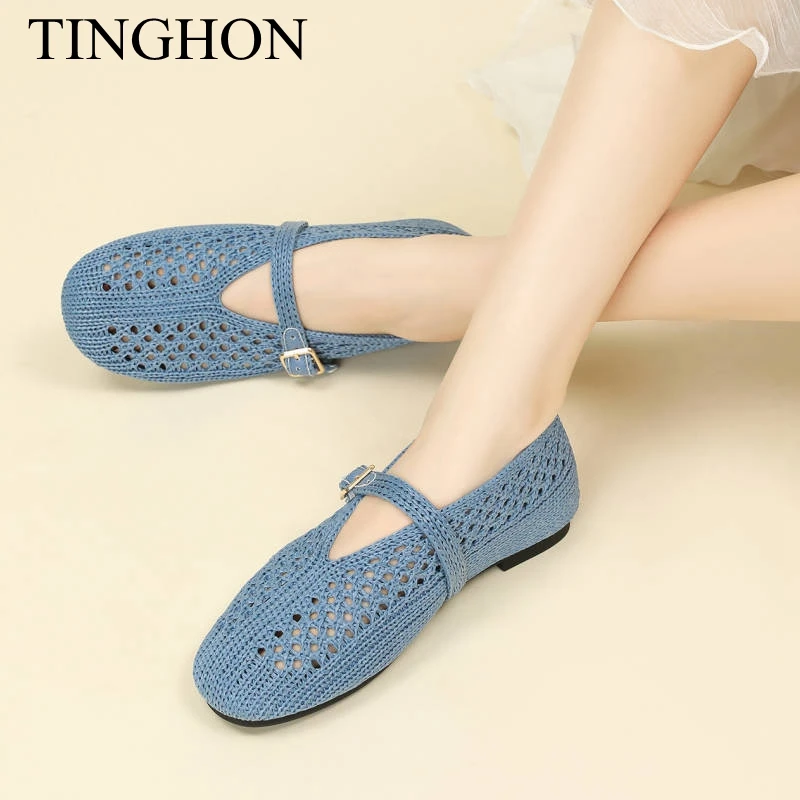 Сандалии женские TINGHON, размеры 34-43, НОВИНКА, плетеные, ажурные, вязаные, летние, без застежек, с круглым носком, дышащие, на резиновой подошве, Мэри Джейн, плоские