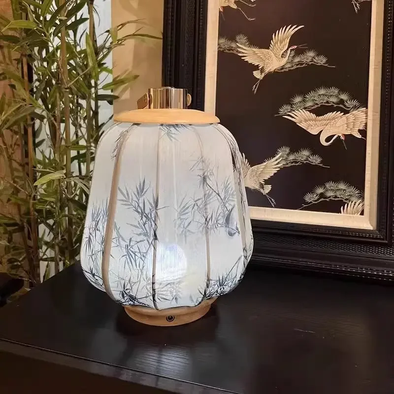 Charging touch wireless portable lantern fabric desk lamp Chinese retro