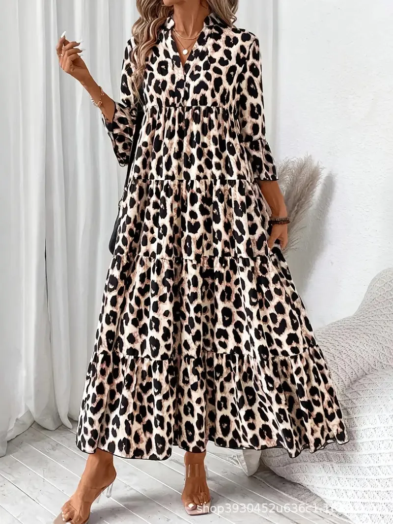 V Neck Dress Patchwork Maxi Length Elegant with Autumn Refined Commuter Elegant and Refined Flared Sleeves Pullover Women Dress